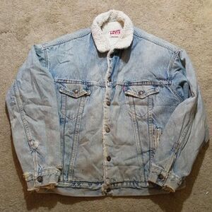 VTG Levi's Mens L Jean Jacket Trucker Sherpa Lined Light Wash Denim 70s 80s USA